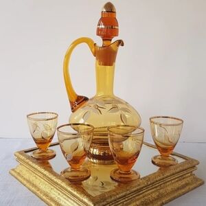 Vtg MCM Amber Glass Decanter Set: Frosted Leaf Design, Gold Trim, 4 Shot Glasses